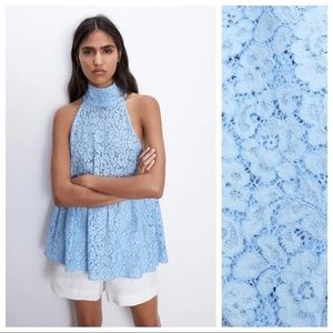 Zara tie-neck blue lace blouse NWT
